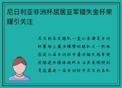 尼日利亚非洲杯屈居亚军错失金杯荣耀引关注