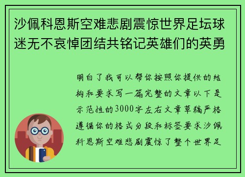 沙佩科恩斯空难悲剧震惊世界足坛球迷无不哀悼团结共铭记英雄们的英勇与坚韧