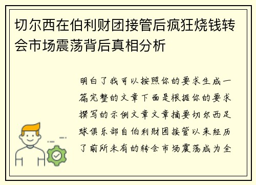 切尔西在伯利财团接管后疯狂烧钱转会市场震荡背后真相分析