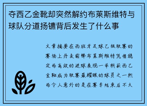 夺西乙金靴却突然解约布莱斯维特与球队分道扬镳背后发生了什么事 夺西乙金靴却突然解约布莱斯维特与球队分道扬镳背后发生了什么事